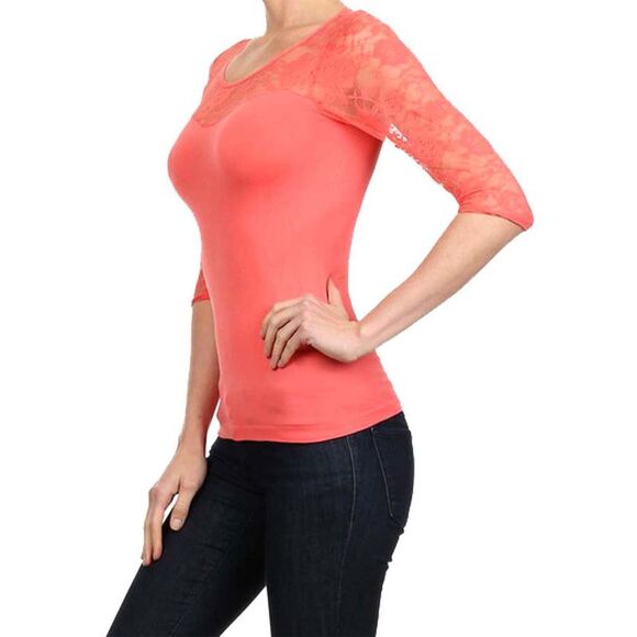 Lightweight Three Quarter Sleeve Top With Lace Trim - Picture 8 of 8